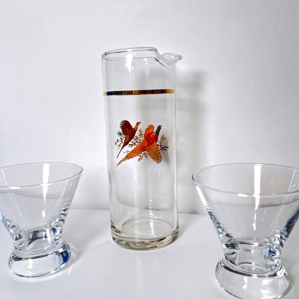 Vtg MCM Cocktail Pitcher Stemless Glasses Pheasant‎ Bird Gold Band Barware Set - Picture 3 of 5